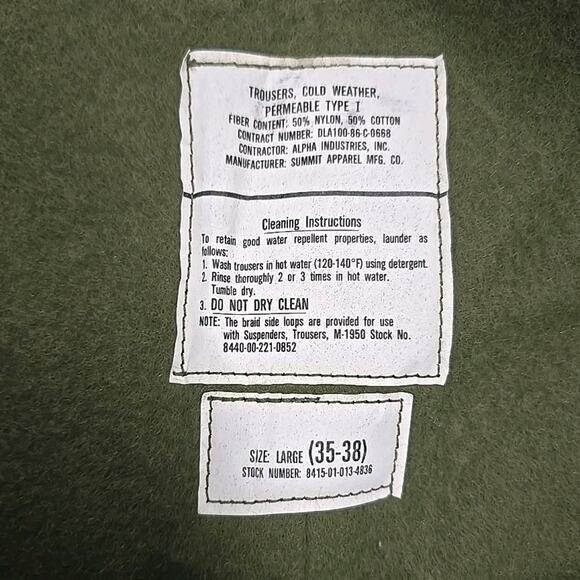 USGI Cold Weather Permeable Pants Trousers Sz L Made by Alpha Vintage Military - Picture 4 of 12